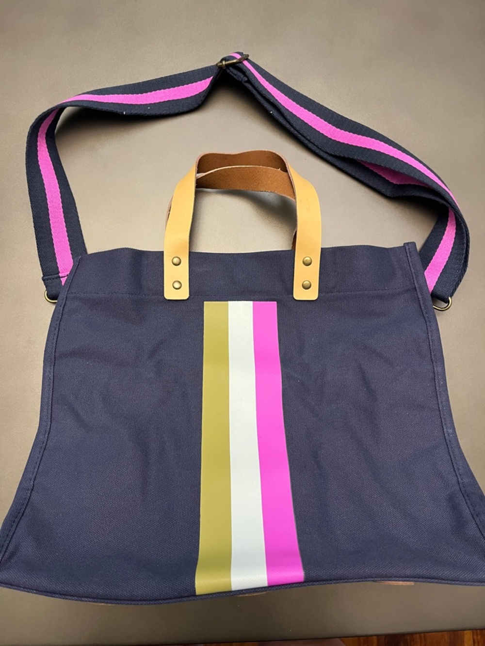 Bagging Rights Tote-Ally Navy Canvas Tote with Pink Stripe and Tan Handles